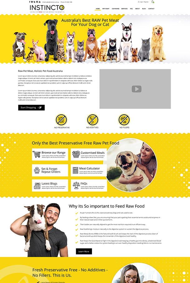 instincto pet foods website mock-up. complete e-commerce website design. e-commerce store for online purchases with inventory integration. web design by local agency, iSonic Web Design and Digital Marketing, Cleveland, Brisbane