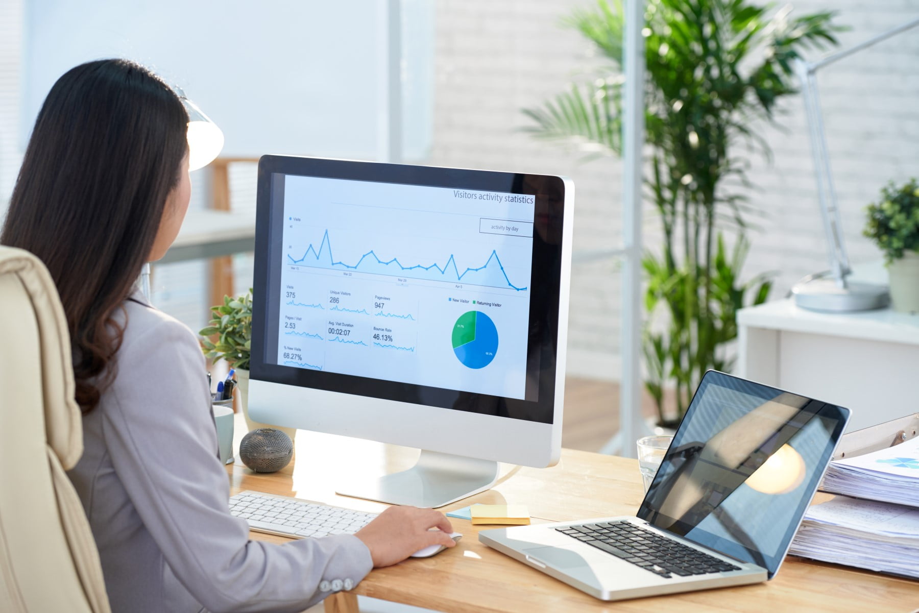 A business owner at her desk checking where her website visitors are coming from