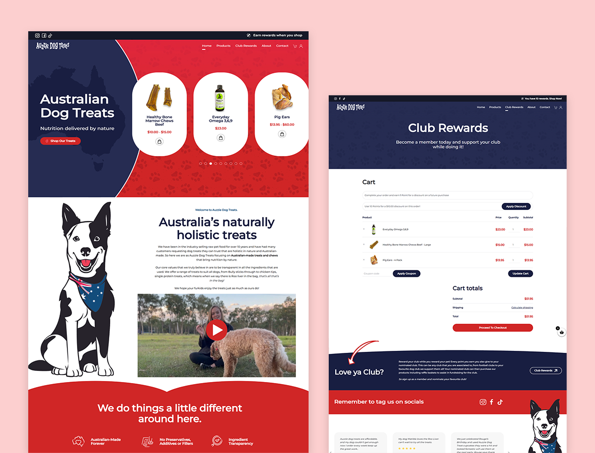 Auzzie Dog Treats online store with a custom rewards club