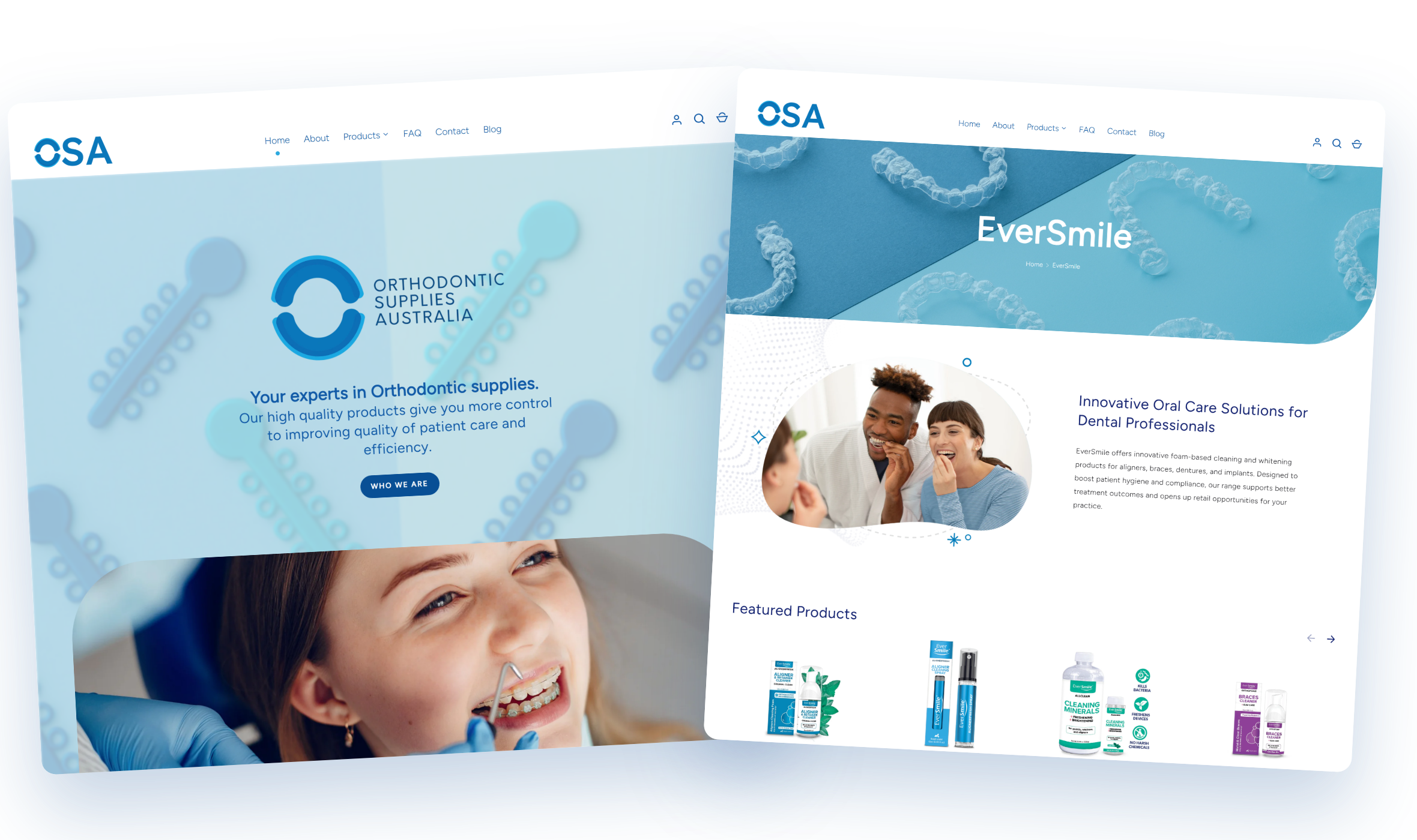Orthodontic Supplies Australia homepage and EverSmile patient care landing page