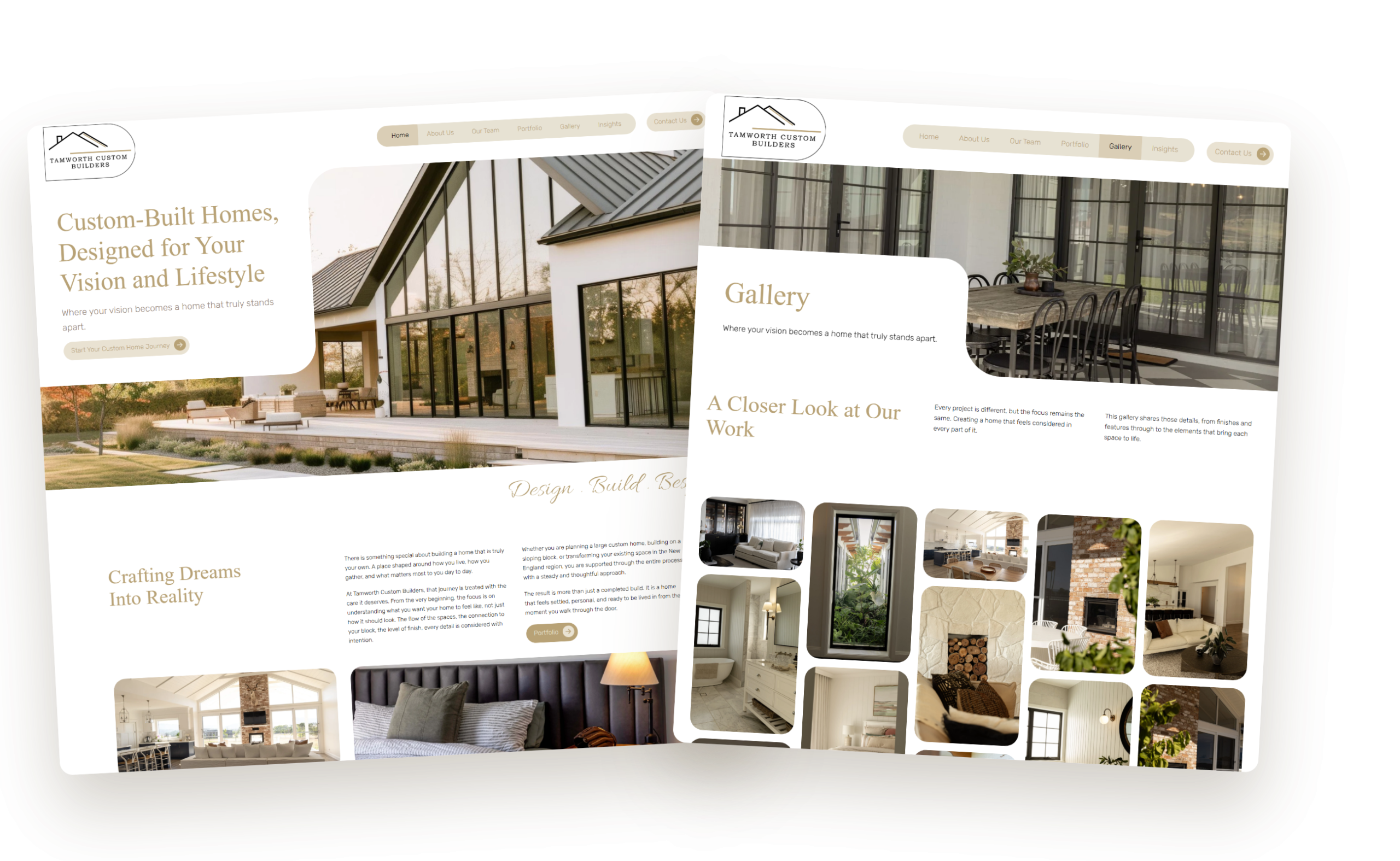 Tamworth Custom Builders homepage and gallery page shown side by side