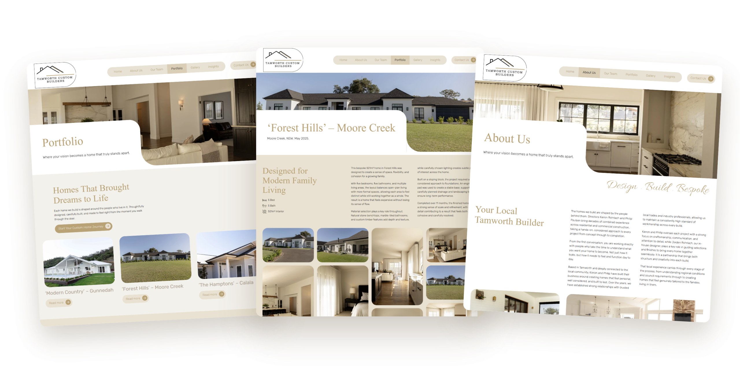 Tamworth Custom Builders portfolio listing, Forest Hills project page and About Us page