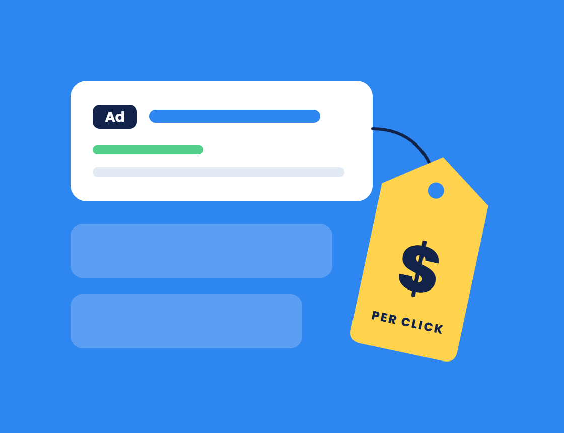 Illustration of a search ad with a price tag reading per click, for what Google Ads costs in Australia