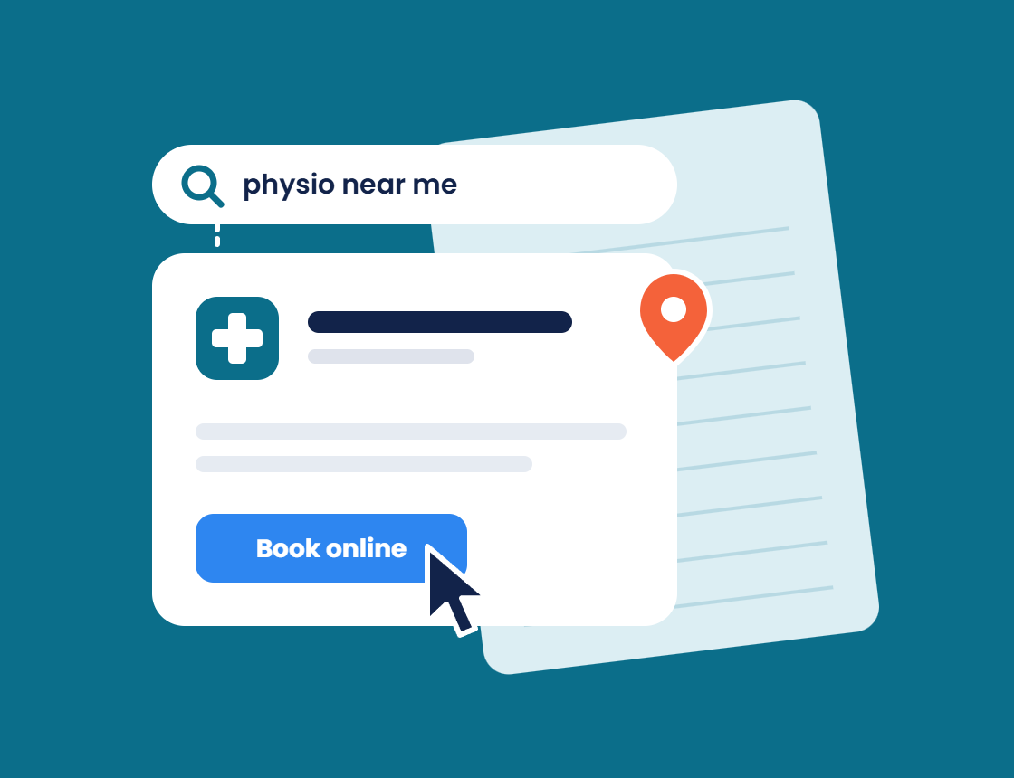 Illustration of a physio near me search result with a Book online button, for healthcare marketing