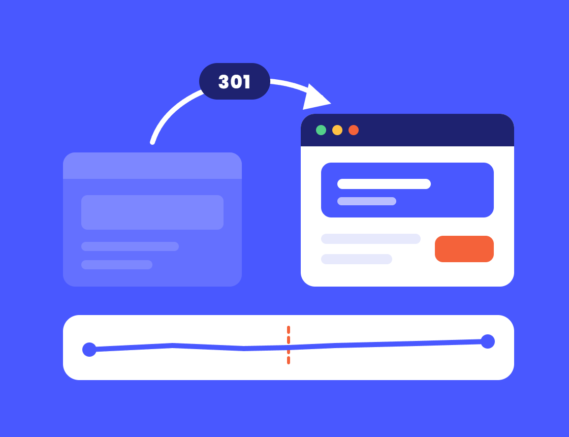 Illustration of an old website redirecting with a 301 to a new website above a steady rankings line, for keeping Google rankings through a website redesign