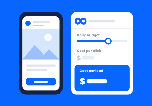 Illustration of a phone ad beside a Meta budget panel showing cost per click and cost per lead, for what Facebook and Instagram ads cost