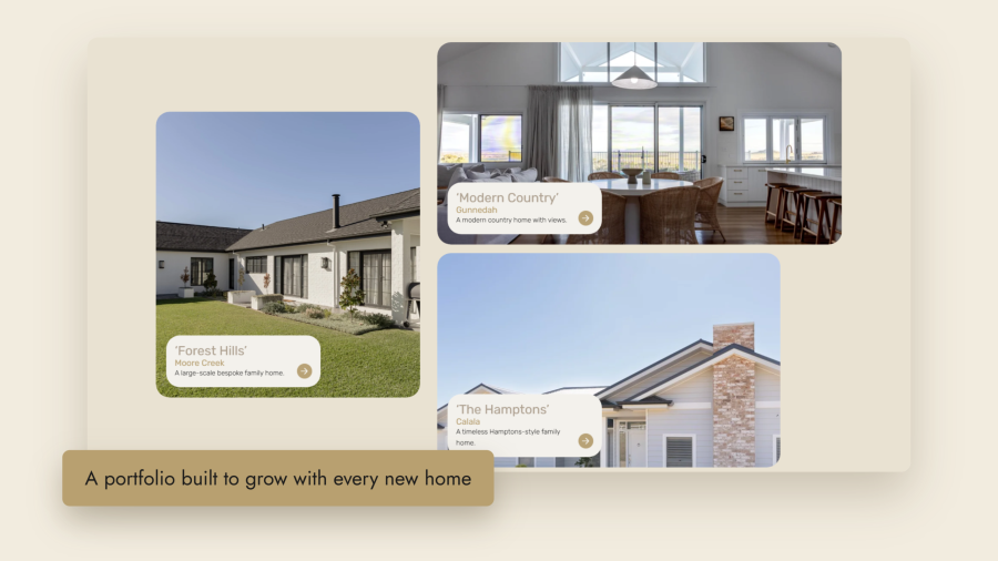 Showcase homes portfolio on the Tamworth Custom Builders website featuring three completed custom homes