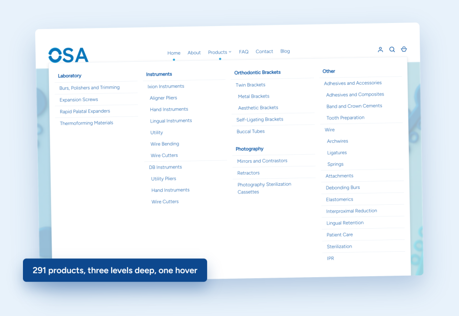 Orthodontic Supplies Australia mega menu navigation showing product categories