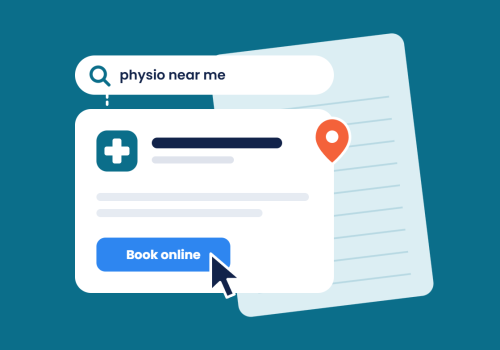 Illustration of a physio near me search result with a Book online button, for healthcare marketing