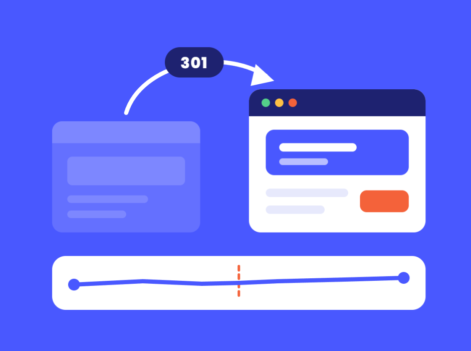 Illustration of an old website redirecting with a 301 to a new website above a steady rankings line, for keeping Google rankings through a website redesign
