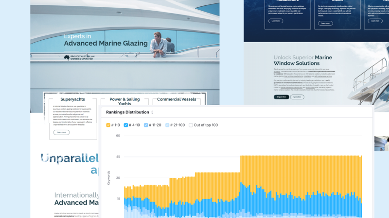 Marine Window Services website with a chart of its search rankings growth, digital marketing agency Brisbane, iSonic