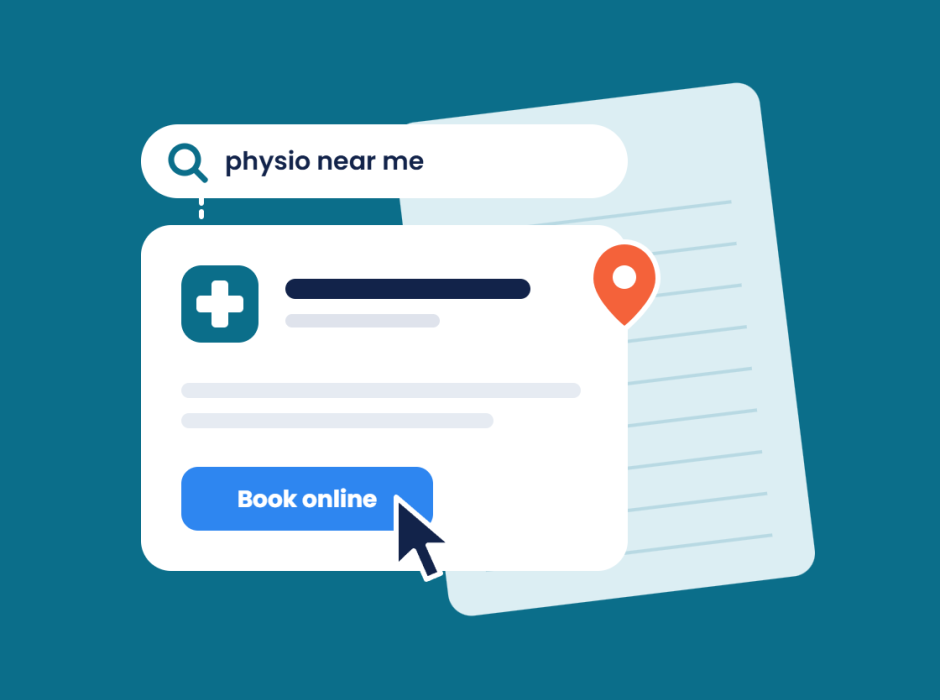 Illustration of a physio near me search result with a Book online button, for healthcare marketing