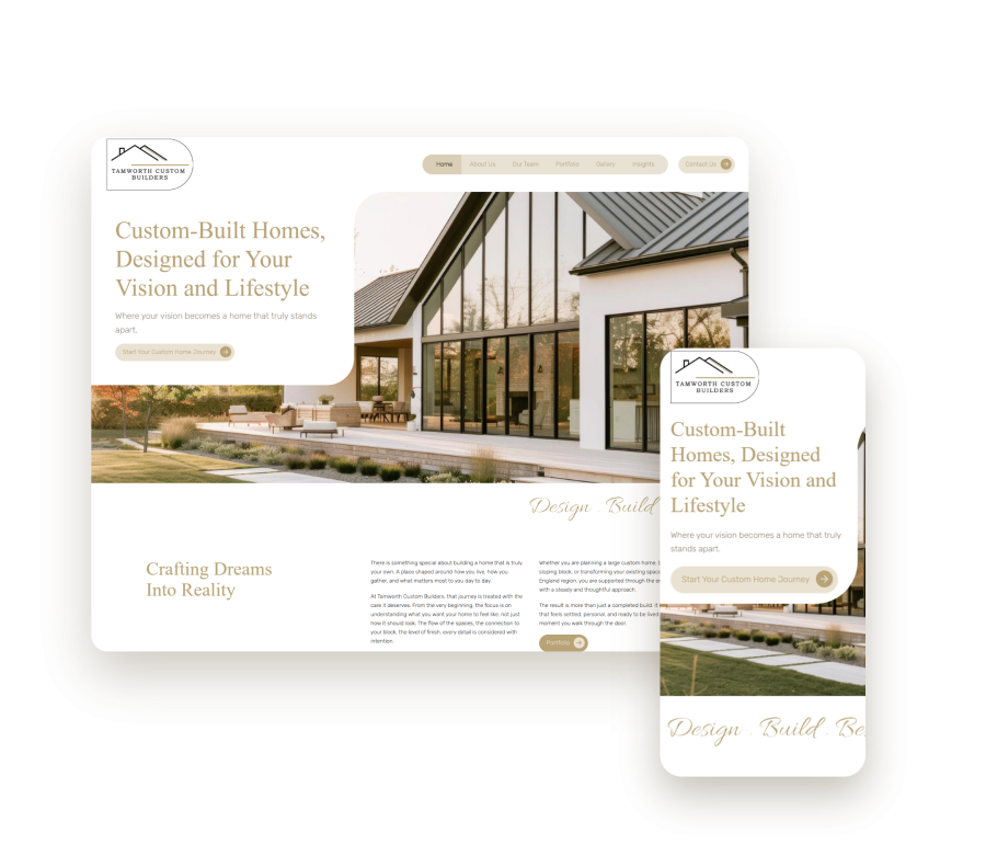 Tamworth Custom Builders custom home builder website homepage on desktop and mobile