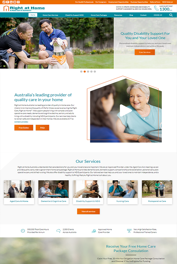 right at home aged care website mock-up. Franchise office website design and digital marketing services by iSonic Web Design agency and Digital Marketing agency, Cleveland, Brisbane